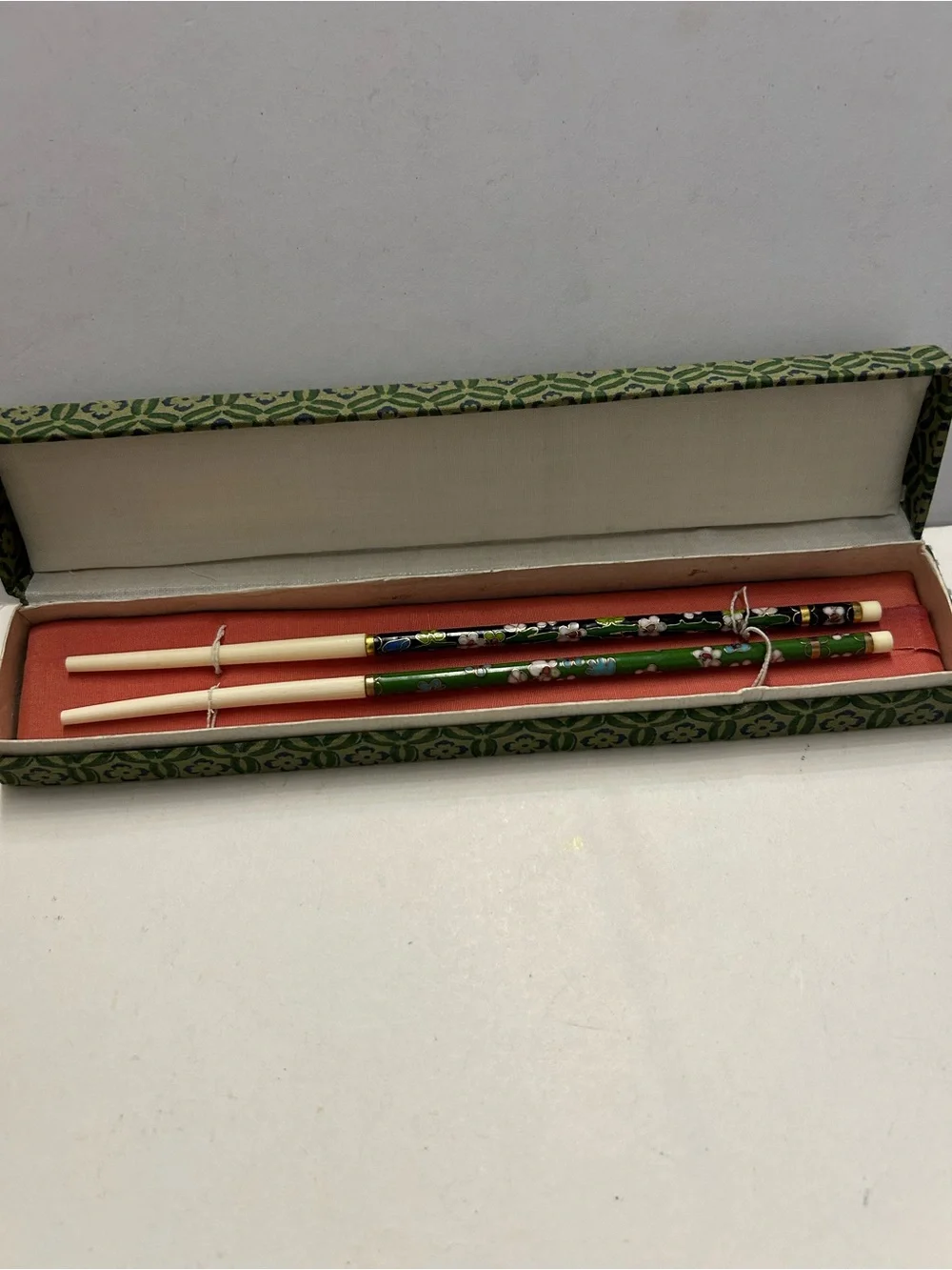 Vintage Chopstick Set Cloisonné Floral with Original Box 2 Sticks